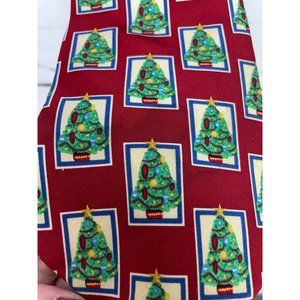 John Henry 90s Red 100% Silk Christmas Tree Holiday Necktie Neck Tie‎